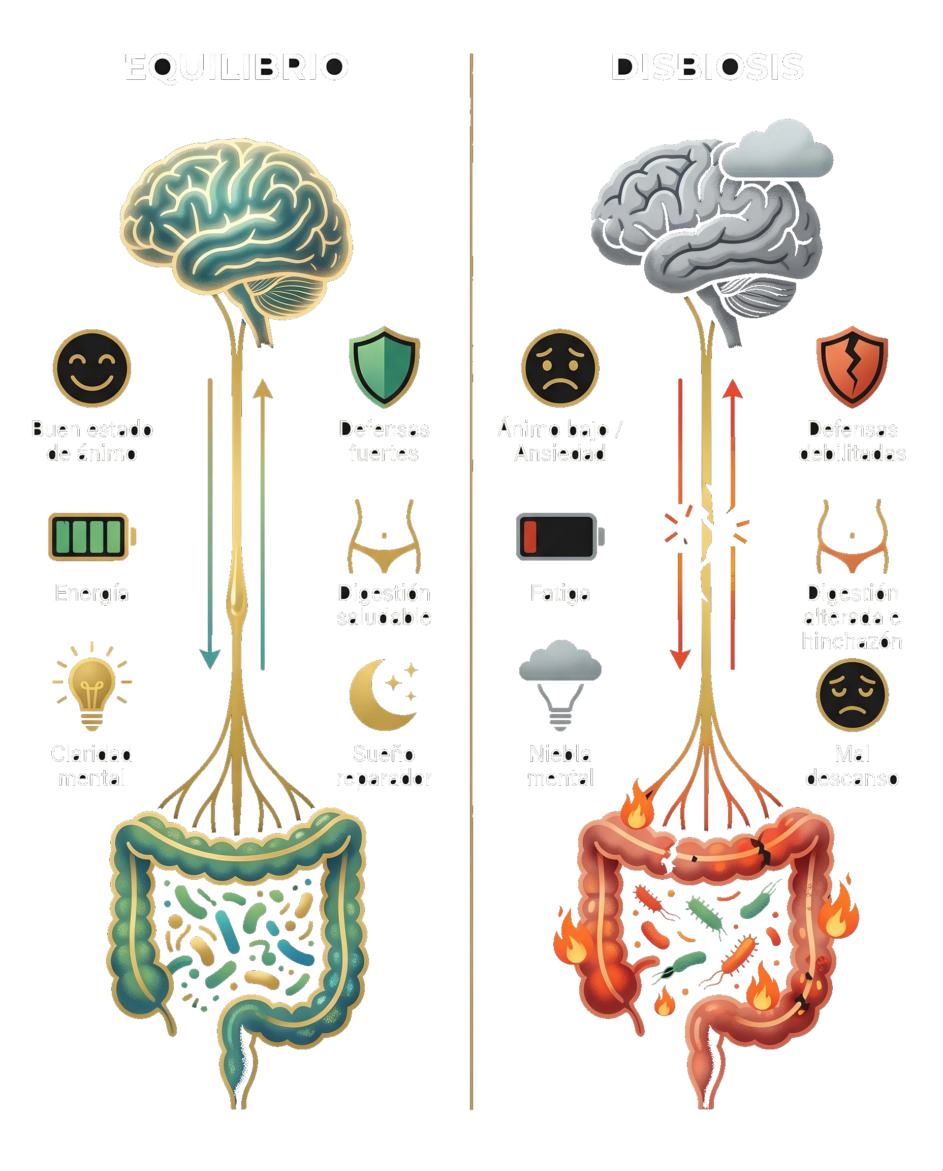 Eje intestino-cerebro: equilibrio frente a disbiosis y sus consecuencias en ánimo, energía, defensas, digestión y descanso